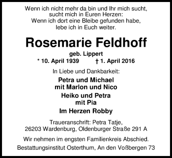 Traueranzeige von Rosemarie Feldhoff von Nordwest-Zeitung