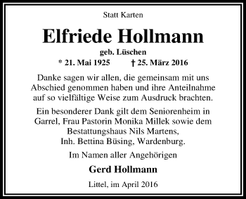 Traueranzeige von Elfriede Hollmann von Nordwest-Zeitung
