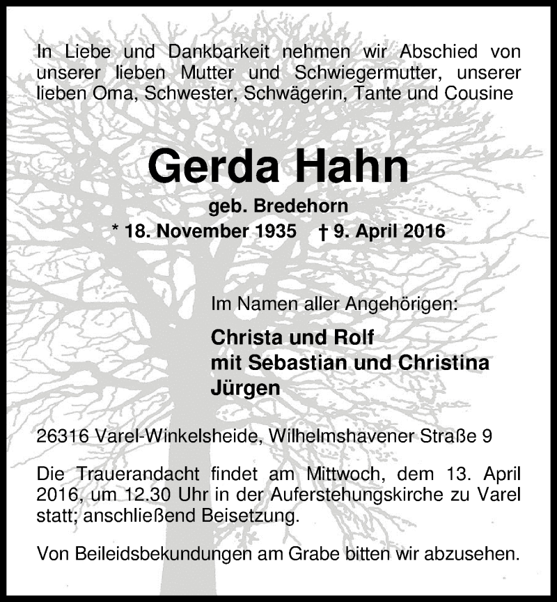  Traueranzeige für Gerda Hahn vom 11.04.2016 aus Nordwest-Zeitung