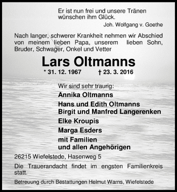 Traueranzeige von Lars Oltmanns von Nordwest-Zeitung