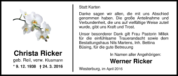 Traueranzeige von Christa Ricker von Nordwest-Zeitung