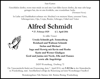Traueranzeige von Alfred Schmidt von Nordwest-Zeitung