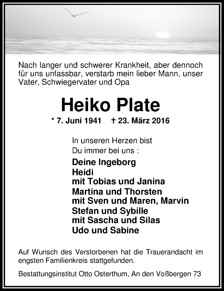 Traueranzeige für Heiko Plate vom 02.04.2016 aus Nordwest-Zeitung