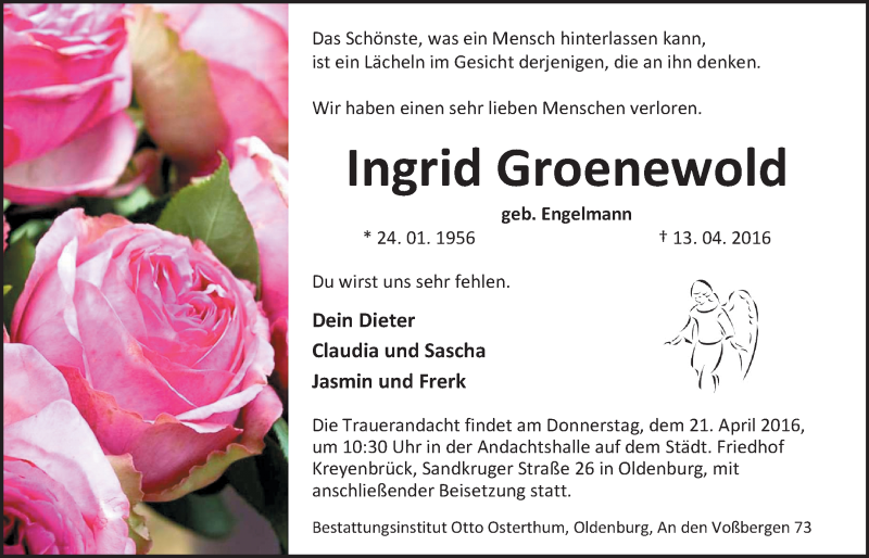  Traueranzeige für Ingrid Groenewold vom 16.04.2016 aus Nordwest-Zeitung