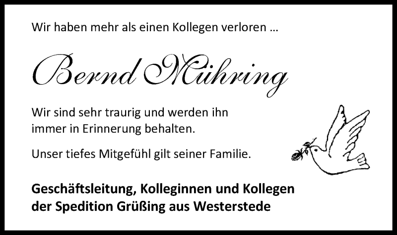  Traueranzeige für Bernd Mühring vom 27.04.2016 aus Nordwest-Zeitung