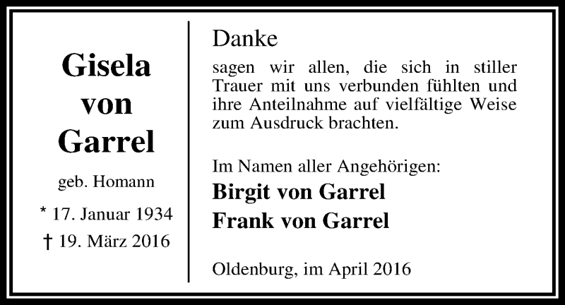  Traueranzeige für Gisela von Garrel  vom 30.04.2016 aus Nordwest-Zeitung