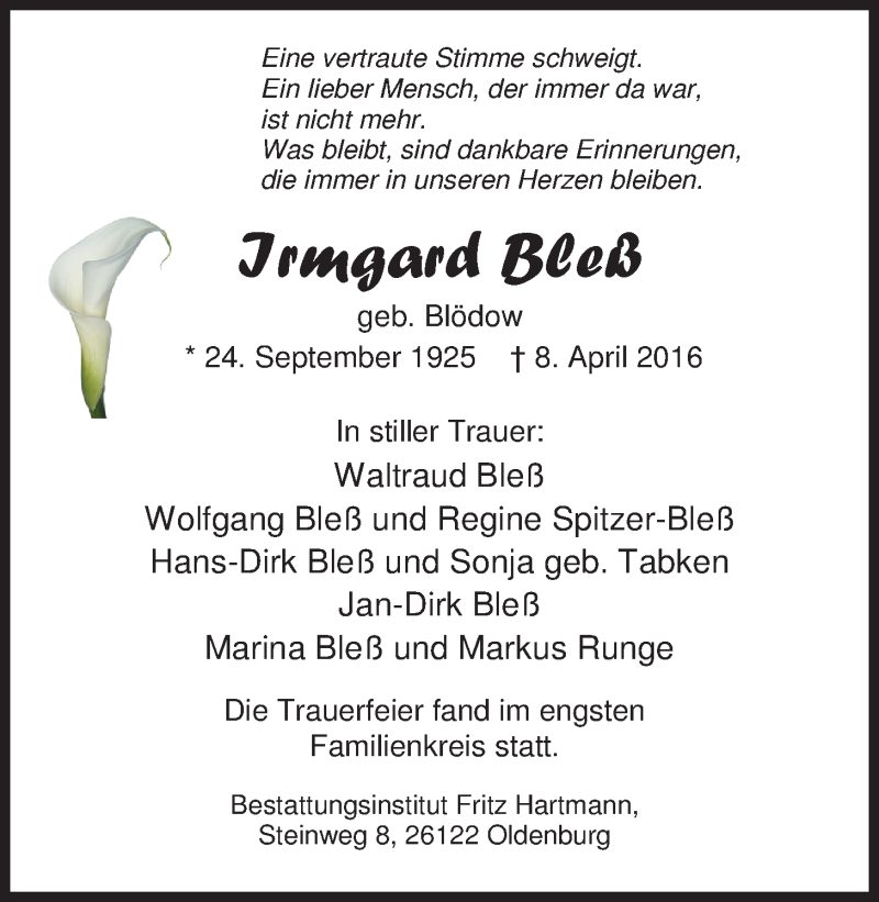  Traueranzeige für Irmgard Bleß vom 16.04.2016 aus Nordwest-Zeitung