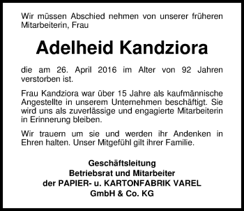 Traueranzeige von Adelheid Kandziora von Nordwest-Zeitung