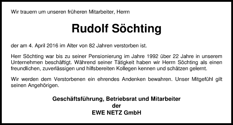  Traueranzeige für Rudolf Söchting vom 09.04.2016 aus Nordwest-Zeitung