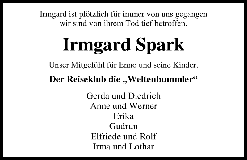  Traueranzeige für Irmgard Spark vom 22.04.2016 aus Nordwest-Zeitung