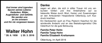Traueranzeige von Walter Hohn von Nordwest-Zeitung