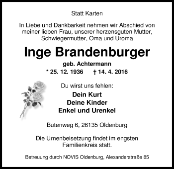 Traueranzeige von Inge Brandenburger von Nordwest-Zeitung