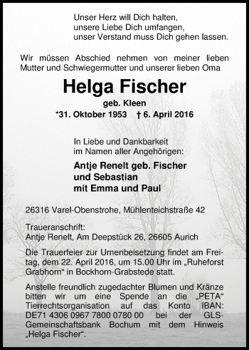 Traueranzeige von Helga Fischer von Nordwest-Zeitung