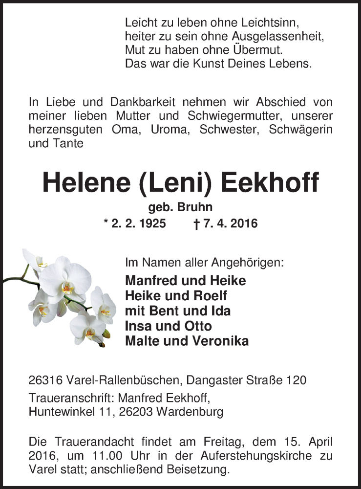  Traueranzeige für Helene (Leni) Eekhoff vom 11.04.2016 aus Nordwest-Zeitung