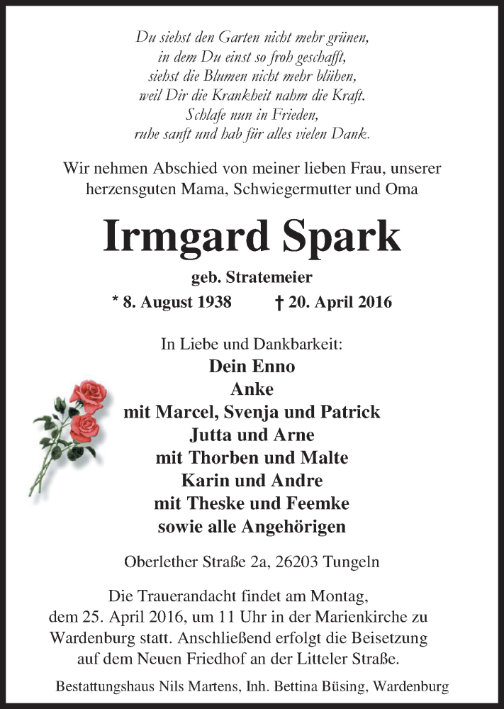  Traueranzeige für Irmgard Spark vom 22.04.2016 aus Nordwest-Zeitung