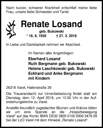 Traueranzeige von Renate Losand von Nordwest-Zeitung