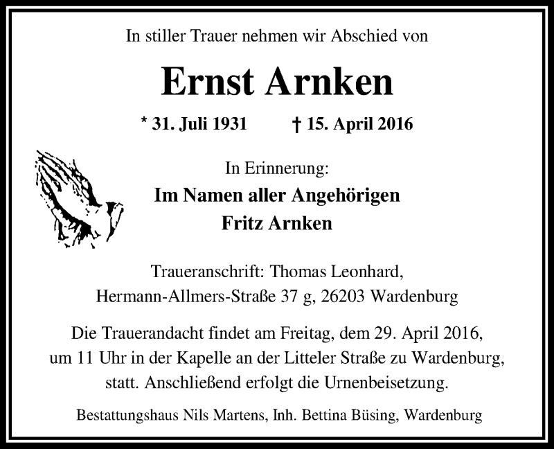  Traueranzeige für Ernst Arnken vom 23.04.2016 aus Nordwest-Zeitung