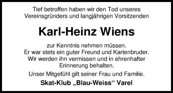 Traueranzeige von Karl-Heinz Wiens von Nordwest-Zeitung