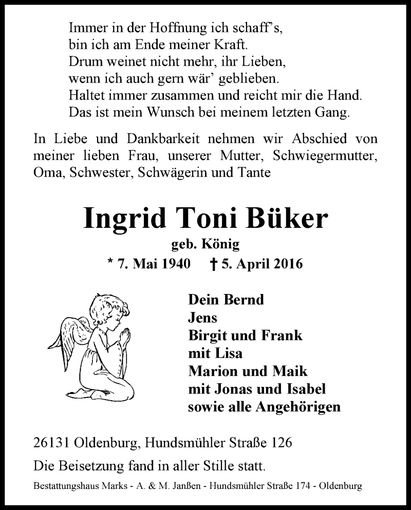  Traueranzeige für Ingrid Toni Büker vom 23.04.2016 aus Nordwest-Zeitung