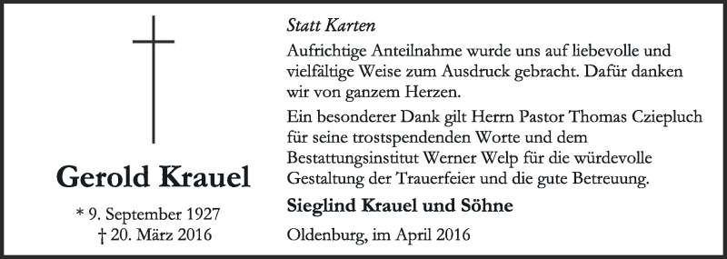 Traueranzeige für Gerold Krauel vom 30.04.2016 aus Nordwest-Zeitung