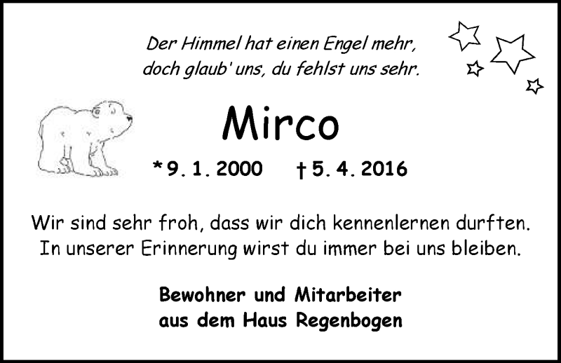 Traueranzeige für Mirco-Wolfgang Obermeyer vom 16.04.2016 aus Nordwest-Zeitung