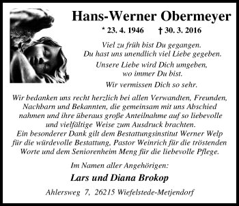 Traueranzeige von Hans-Werner Obermeyer von Nordwest-Zeitung