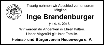 Traueranzeige von Inge Brandenburger von Nordwest-Zeitung