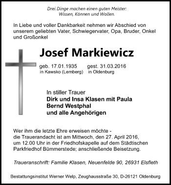 Traueranzeige von Josef Markiewicz von Nordwest-Zeitung