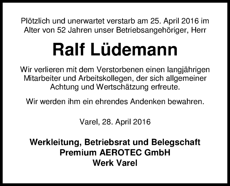  Traueranzeige für Ralf Lüdemann vom 28.04.2016 aus Nordwest-Zeitung