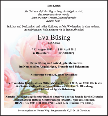 Traueranzeige von Eva Büsing von Nordwest-Zeitung