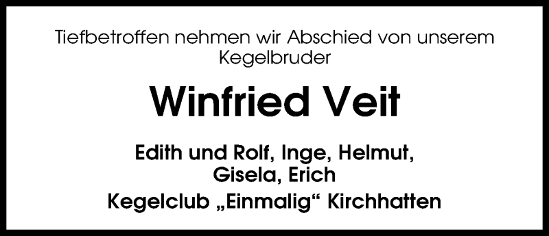  Traueranzeige für Winfried Veit vom 14.04.2016 aus Nordwest-Zeitung