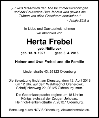 Traueranzeige von Herta Frebel von Nordwest-Zeitung