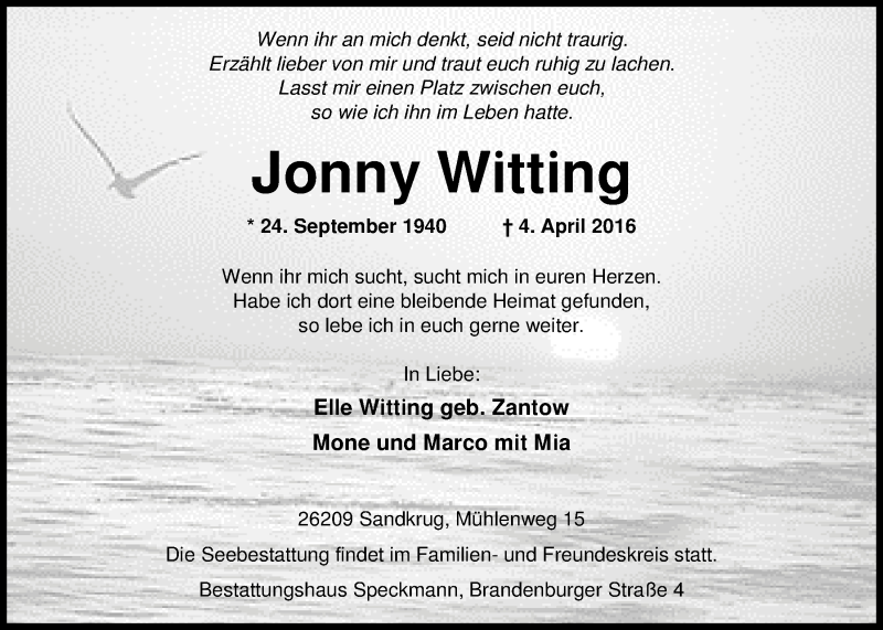  Traueranzeige für Jonny Witting vom 09.04.2016 aus Nordwest-Zeitung