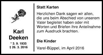 Traueranzeige von Karl Deeken von Nordwest-Zeitung
