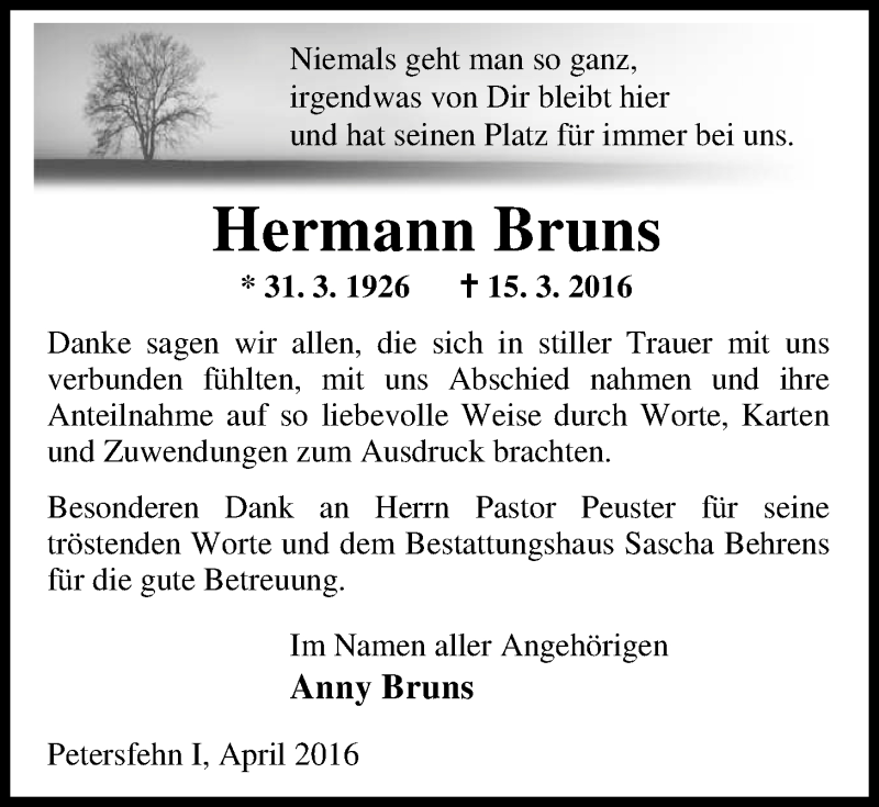  Traueranzeige für Hermann Bruns vom 29.04.2016 aus Nordwest-Zeitung