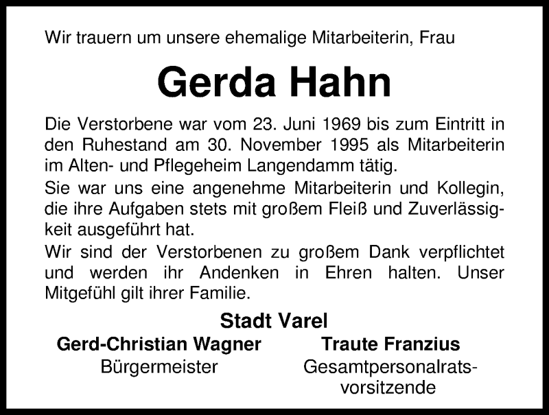  Traueranzeige für Gerda Hahn vom 12.04.2016 aus Nordwest-Zeitung