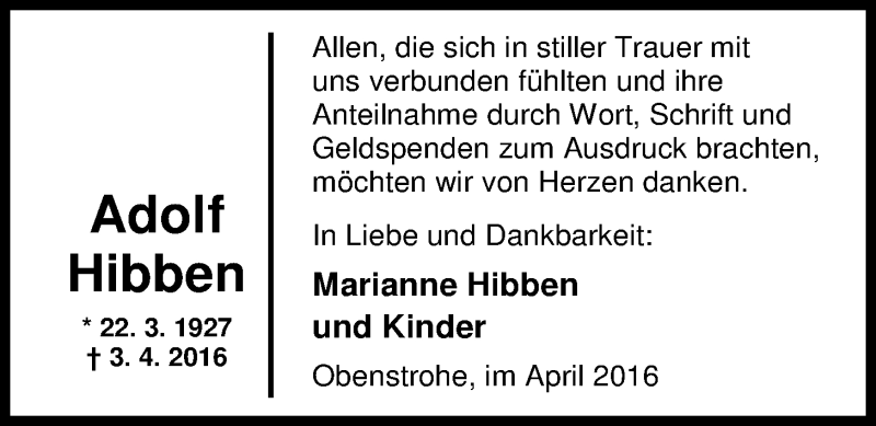  Traueranzeige für Adolf Hibben vom 30.04.2016 aus Nordwest-Zeitung