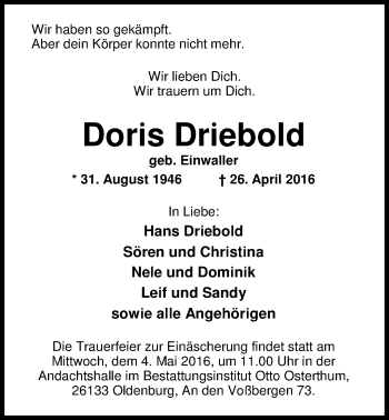 Traueranzeige von Doris Driebold von Nordwest-Zeitung