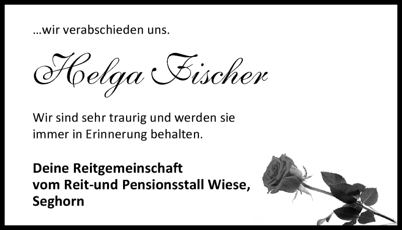  Traueranzeige für Helga Fischer vom 16.04.2016 aus Nordwest-Zeitung