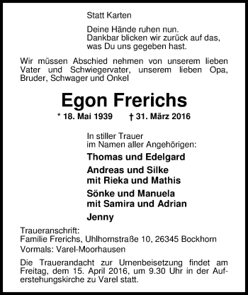 Traueranzeige von Egon Frerichs von Nordwest-Zeitung
