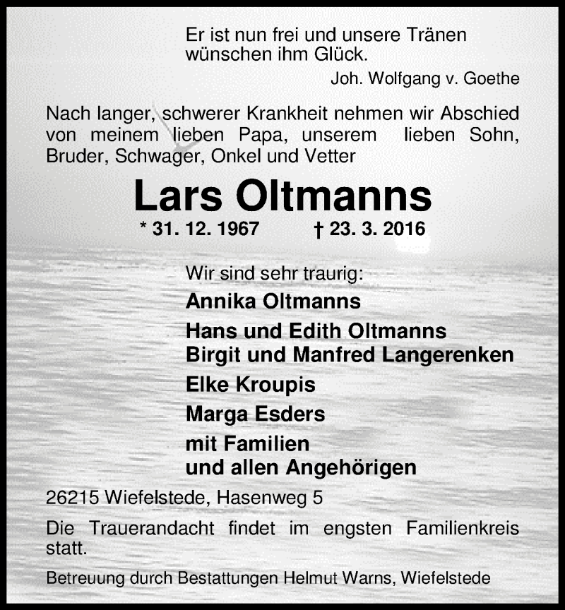  Traueranzeige für Lars Oltmanns vom 02.04.2016 aus Nordwest-Zeitung