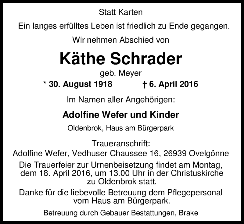  Traueranzeige für Käthe Schrader vom 09.04.2016 aus Nordwest-Zeitung