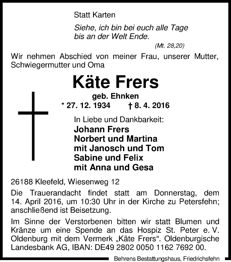  Traueranzeige für Käte Frers vom 11.04.2016 aus Nordwest-Zeitung