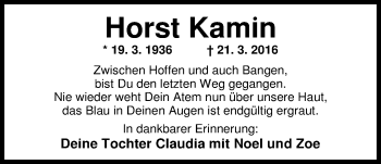 Traueranzeige von Horst Kamin von Nordwest-Zeitung