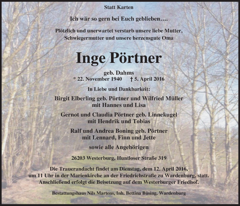  Traueranzeige für Inge Pörtner vom 08.04.2016 aus Nordwest-Zeitung