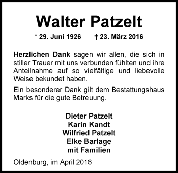 Traueranzeige von Walter Patzelt von Nordwest-Zeitung