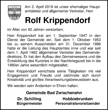 Traueranzeige von Rolf Krippendorf von Nordwest-Zeitung