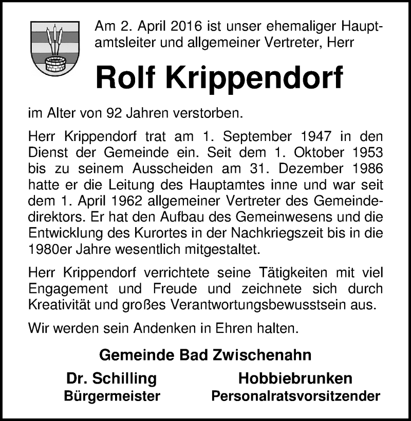  Traueranzeige für Rolf Krippendorf vom 18.04.2016 aus Nordwest-Zeitung