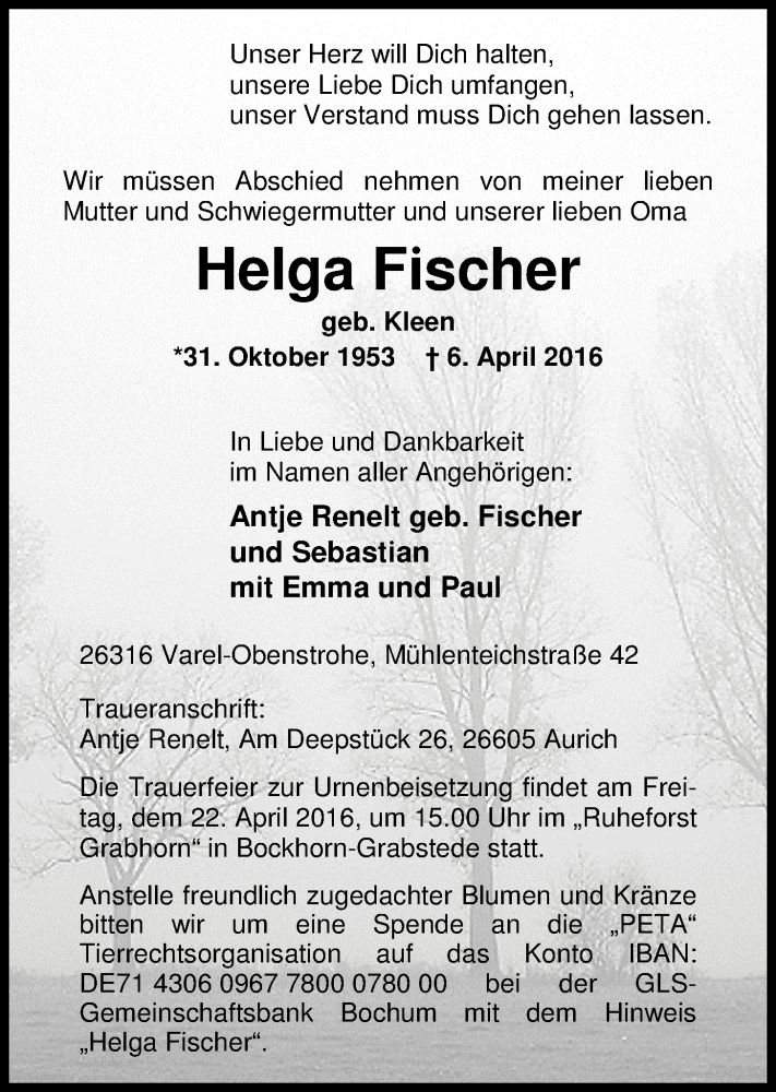  Traueranzeige für Helga Fischer vom 16.04.2016 aus Nordwest-Zeitung