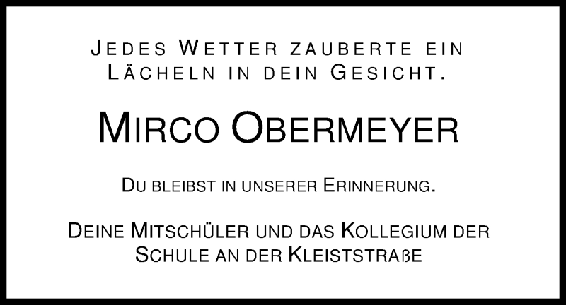 Traueranzeige für Mirco-Wolfgang Obermeyer vom 16.04.2016 aus Nordwest-Zeitung